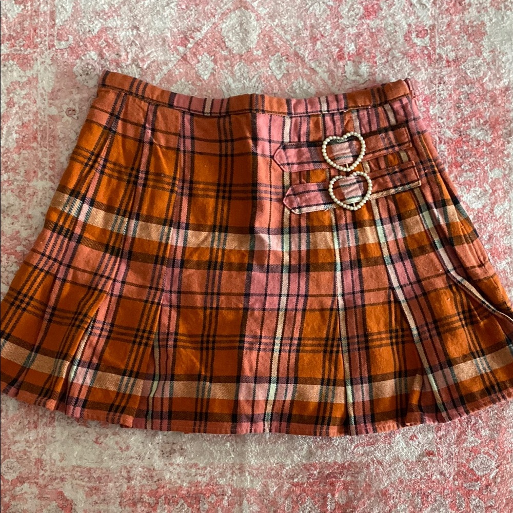 Sugar Thrillz Plaid Orange and Pink Skirt with Heart Accents
